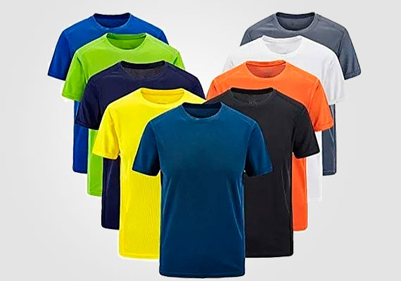 Camisetas fabricadas em Malha PV (67% Poliester / 33% Viscose) ou em Malha 100% Algodão. Disponível em várias cores.